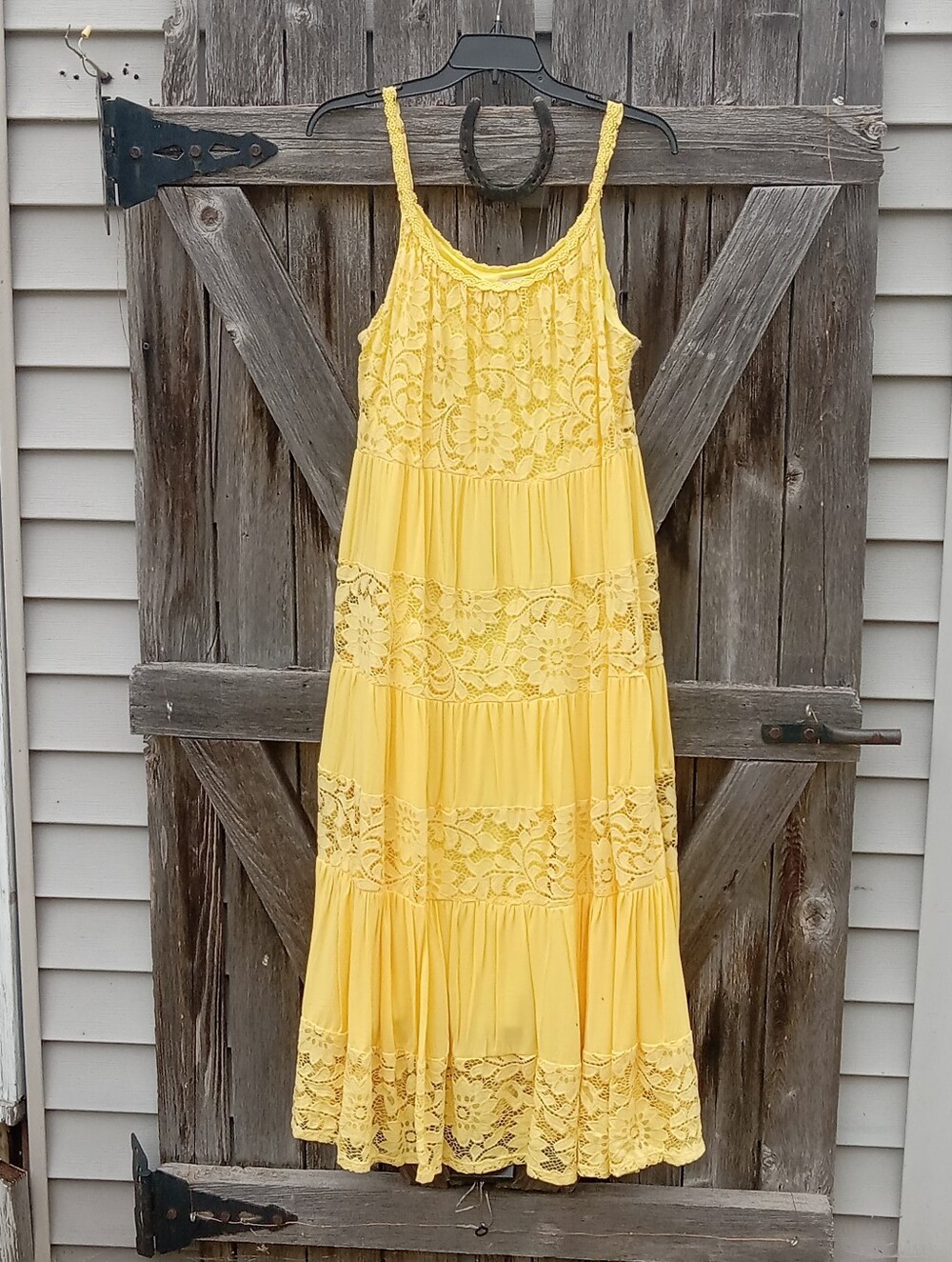 Signature by Robbie Bee Yellow Tiered Gauze and Lace Sundress, L